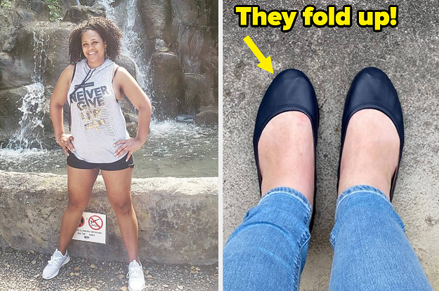 reviewer wearing white sneakers in front of a waterfall / reviewer's feet in black flats with text: they fold up!