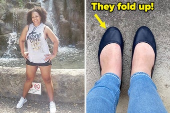 reviewer wearing white sneakers in front of a waterfall / reviewer's feet in black flats with text: they fold up!
