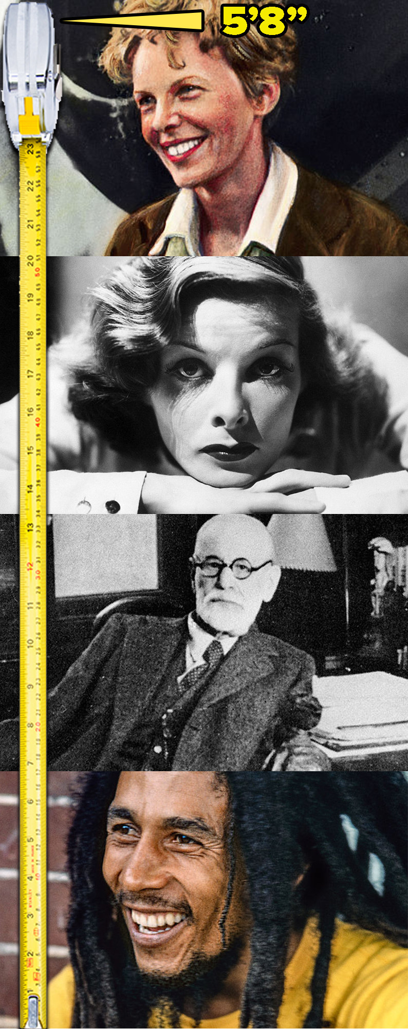 Stacked images of Amelia Earhart, Katharine Hepburn, Sigmund Freud, and Bob Marley next to a measuring tape
