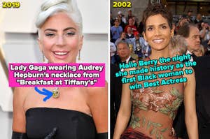 Lady Gaga at the 2019 Oscars; Halle Berry at the 2002 Oscars