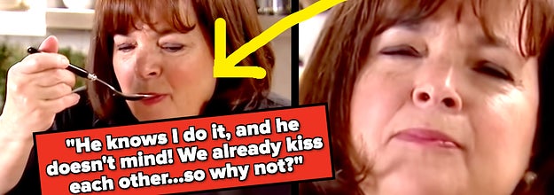 Ina garten tasting food from a bowl with a spoon, with an arrow pointing to her taking a bite and enjoying it. Text: "He knows I do it, and he doesn't mind! We already kiss each other...so why not?"