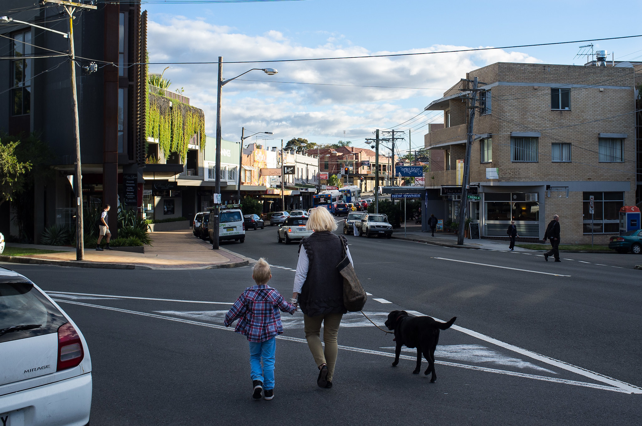 woman crossing the street with a kid and dog