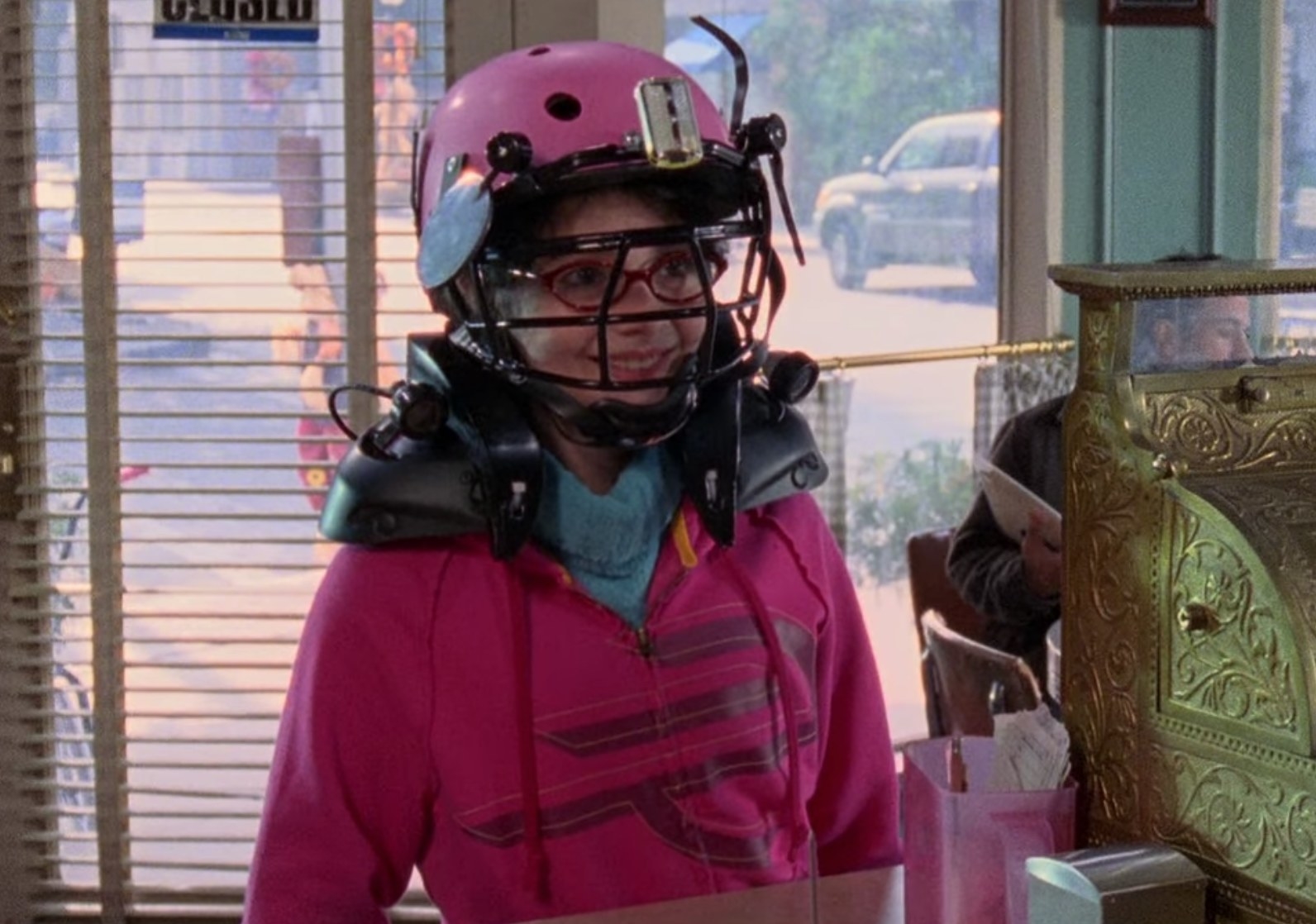 April in her bike helmet at Luke&#x27;s