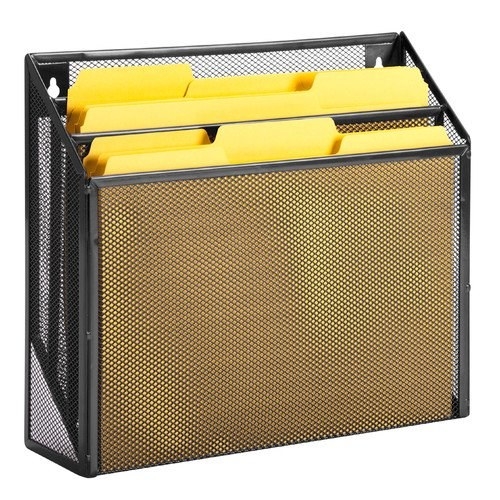 Black mesh file sorter with yellow folders inside