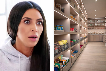 kim with a surprised look on her face looking at khloe's pantry