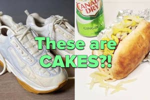 Image shows a hot dog with toppings and a pair of shoes, with text over the top saying "These are CAKES?!"