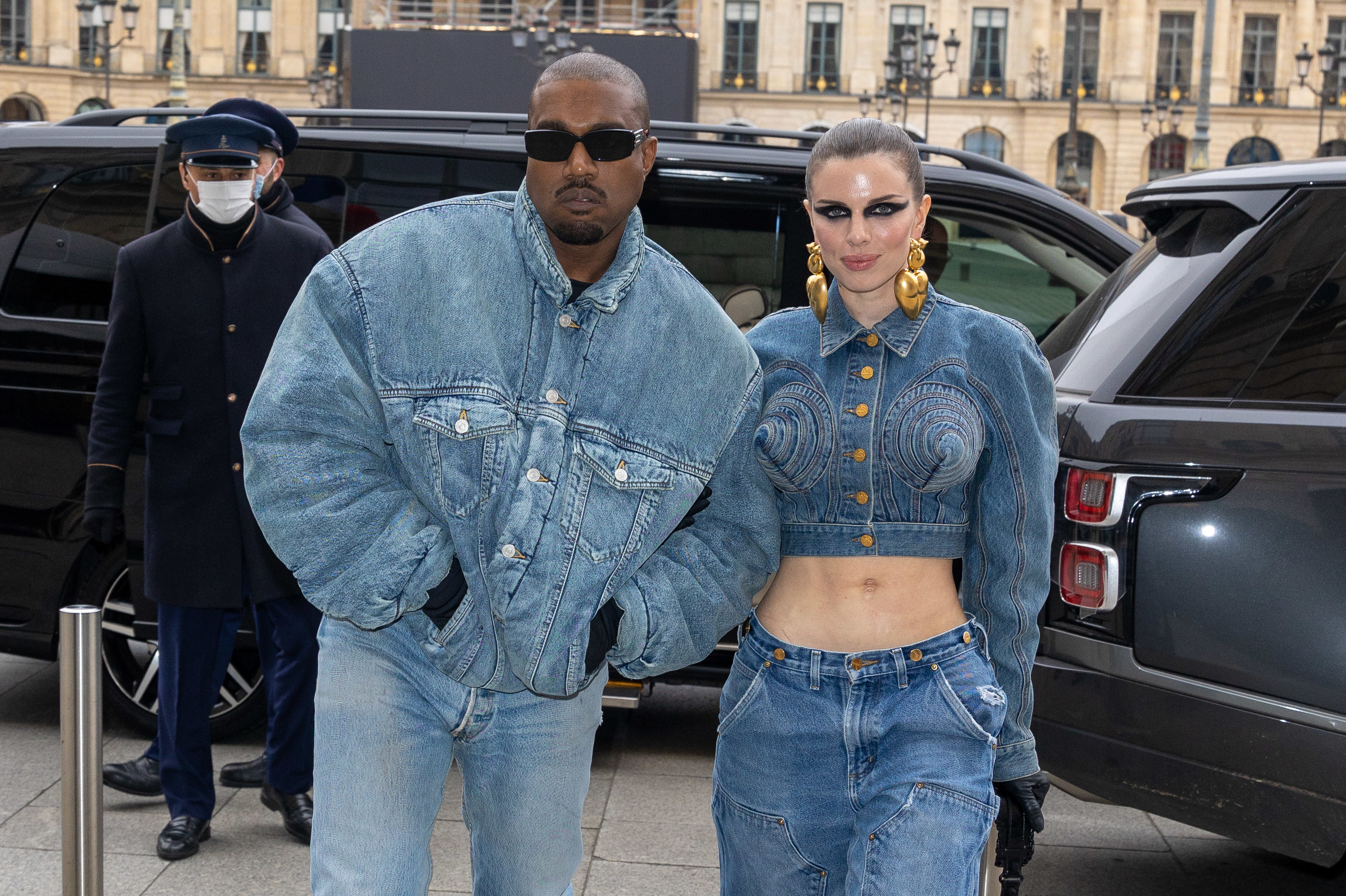 Ye and julia Fox wearing all denim jackets as they exit their car