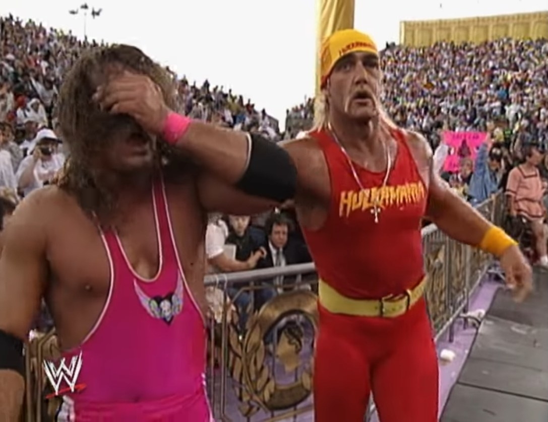 Bret Hart and Hulk Hogan at Wrestlemania 9.