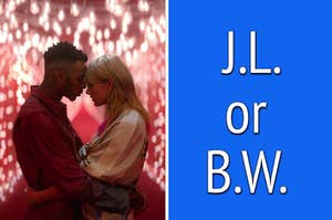 Taylor Swift is on the left while cuddling with a label on the right "JL or BW"