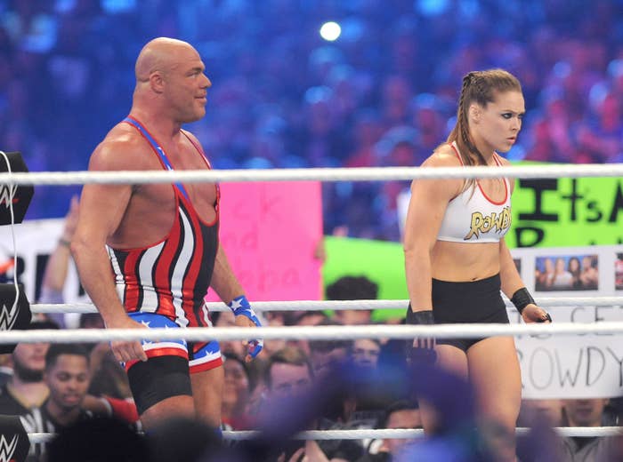 Ronda Rousey and Kurt Angle at WWE Wrestlemania 34