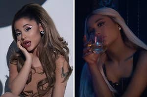 Arian Grande is on the left and right posing in a music video
