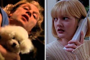 Buffalo Bill looking down a well while holding Precious in "The Silence of the Lambs"/Casey with a phone to her ear in "Scream" (1996)