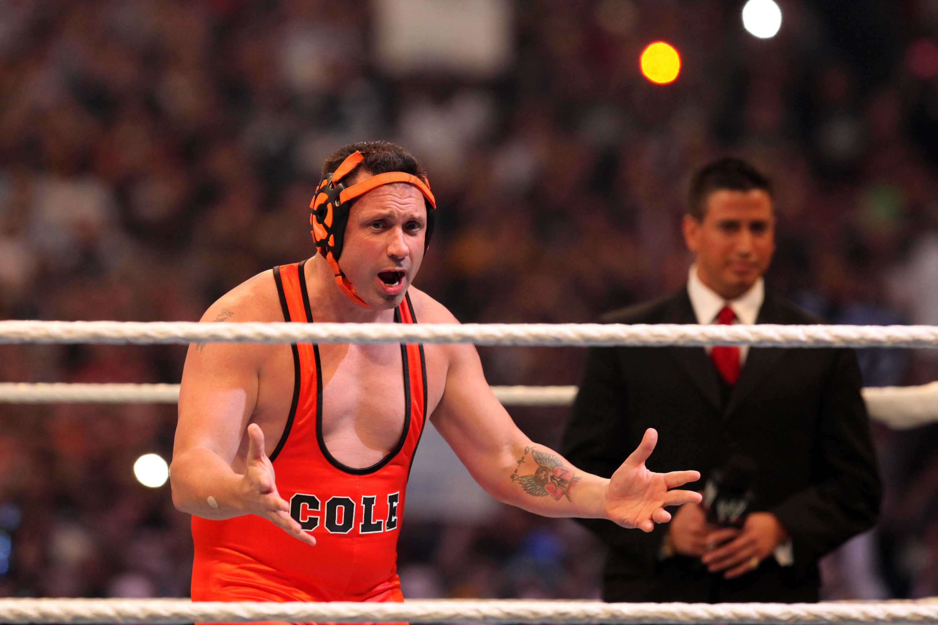 Michael Cole is introduced to the 70,000 plus fans in attendance at Wrestlemania 27