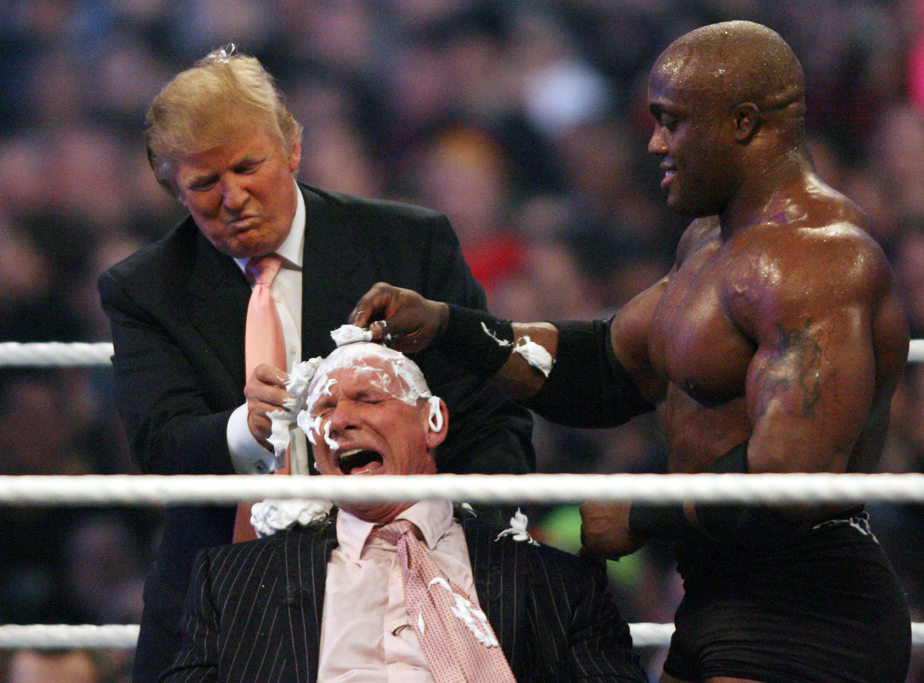Donald Trump and Bobby Lashley shave Vince McMahon&#x27;s head at Wrestlemania 23