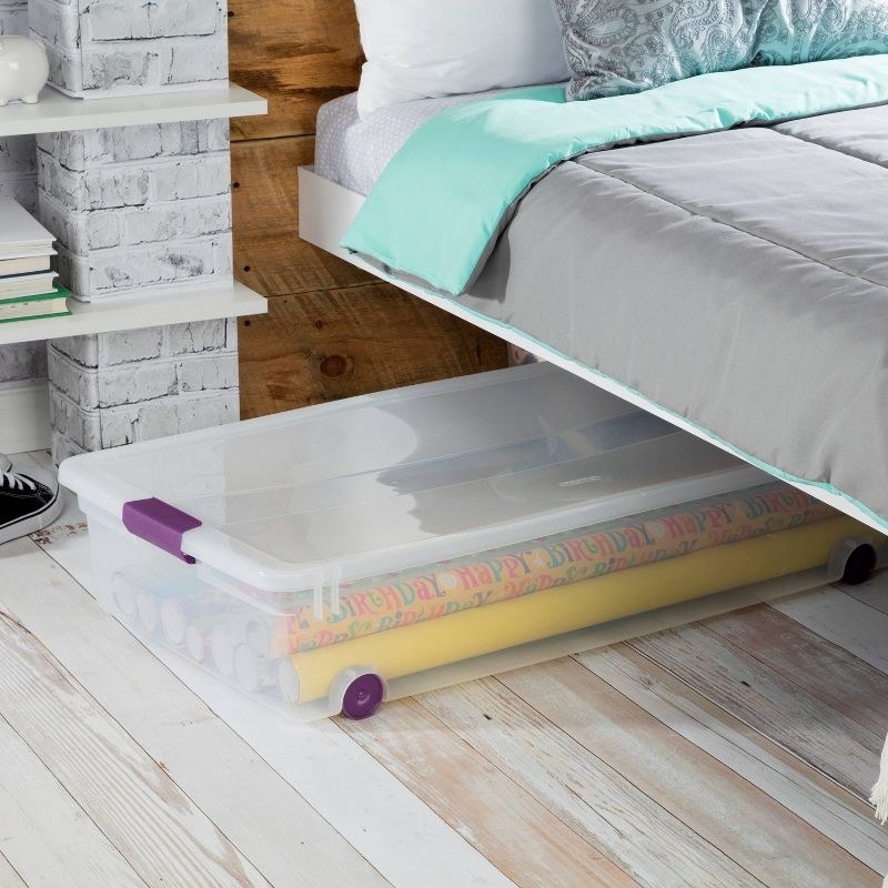 Storage container under the bed with wallpaper