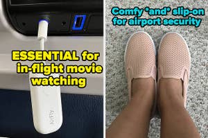 L: a reviewer photo of a white dongle and text reading "ESSENTIAL for in-flight movie watching", R: a reviewer wearing pink sneakers and text reading "comfy *and* slip-on for airport security"
