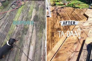 dirty deck on the left and deck cleaned and looking brand new after powerwashing on the right