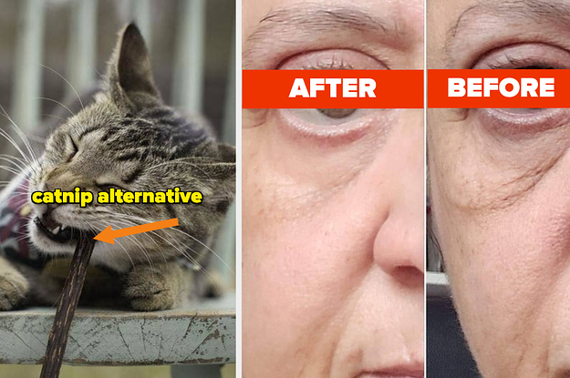 L: cat chewing matatabi stick R: reviewer before and after using eye cream showing it tightened and brightened their under-eye area