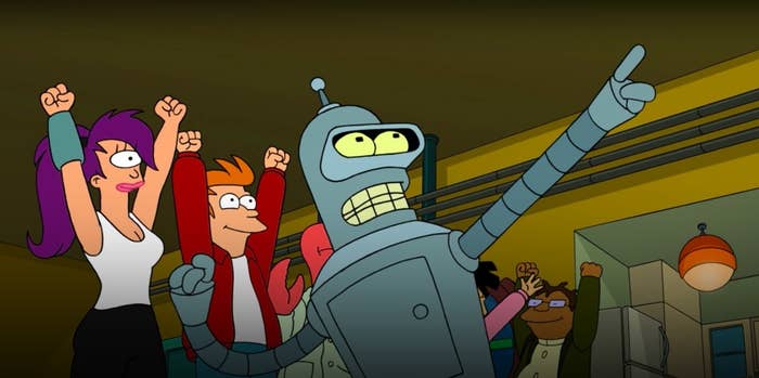 The Planet Express crew cheering in celebration in &quot;Futurama: Bender&#x27;s Big Score&quot;