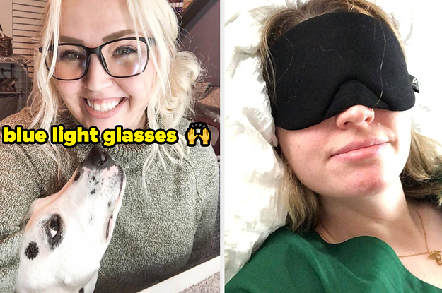 on the left a reviewer wearing blue light glasses; on the right a reviewer wearing a sleep eye mask