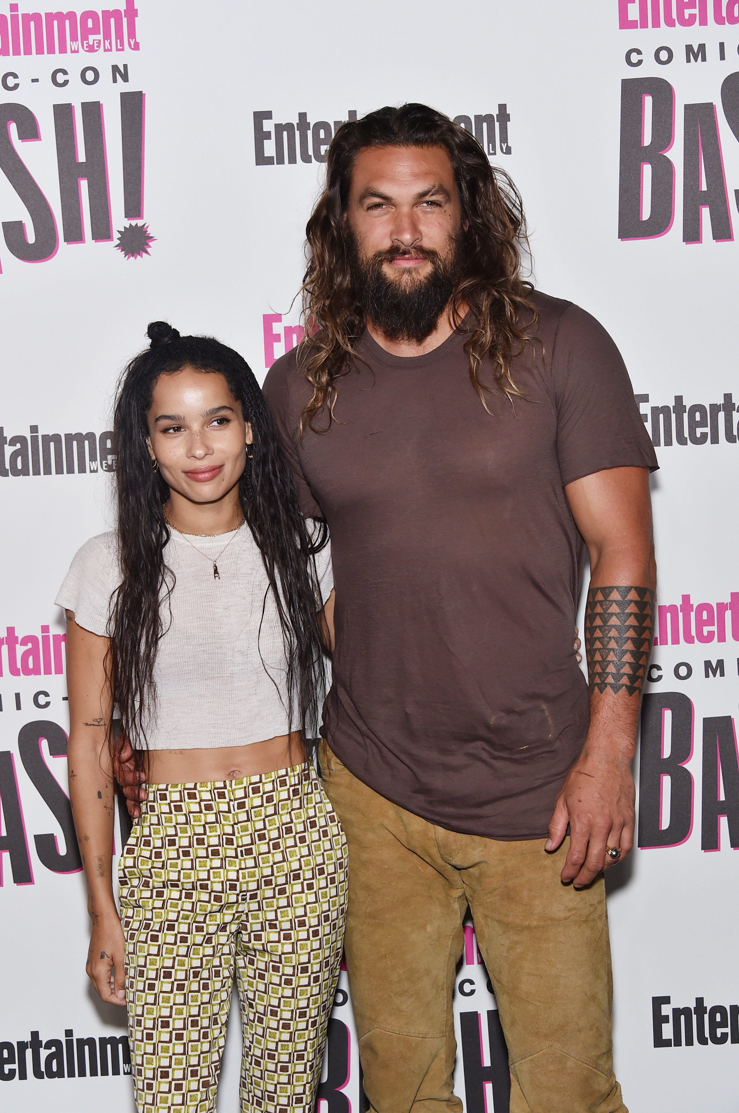 Zoe Kravitz and Jason Momoa dressed casually at an Entertainment Weekly event