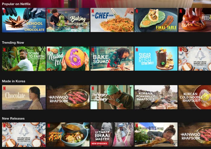 Grid of many different food shows popping on a Netflix search