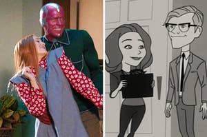 on the left, wanda and vision dance in their living room and smile. on the right, animated wanda and vision stand, expressionless, in their living room.