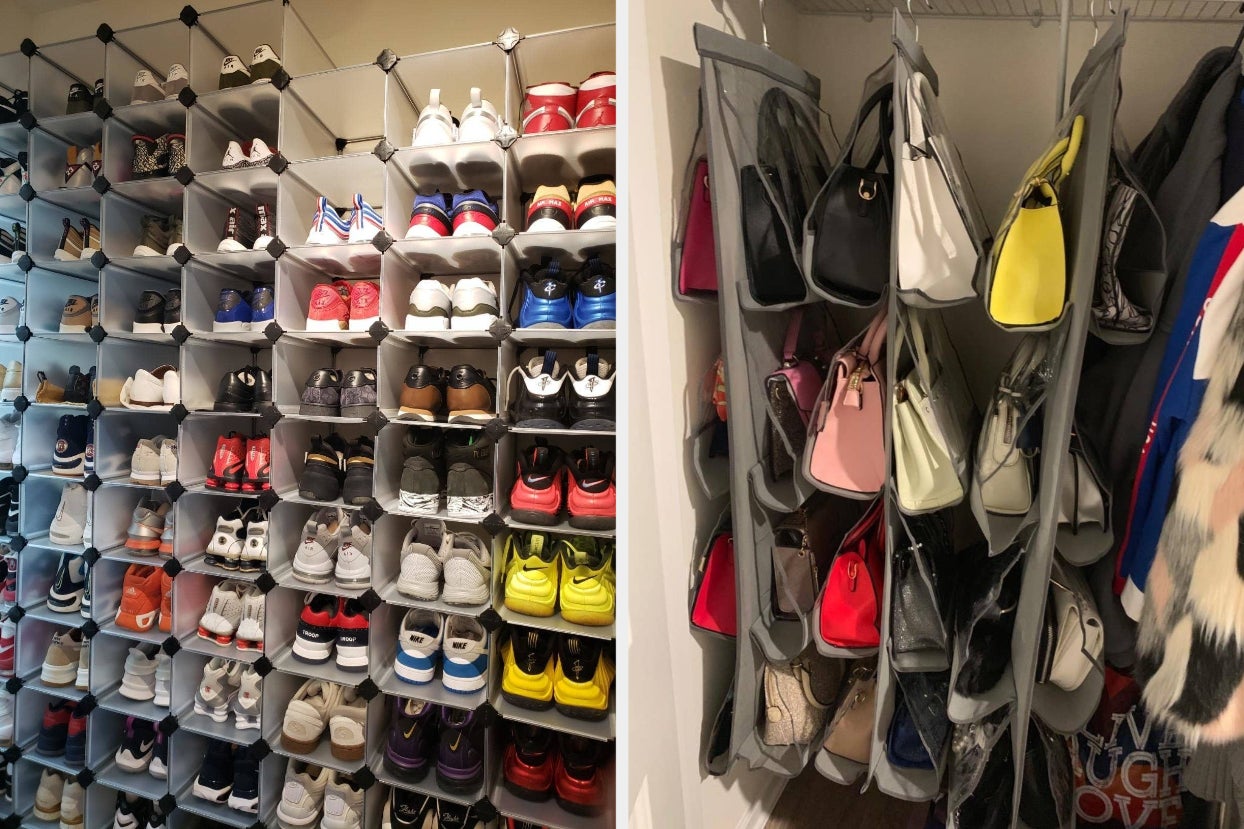 sneaker organizer on the left and bag organizer on the right