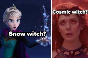 Queen Elsa conjures snow in her hand and a close up Wanda Maximoff as her eyes glow
