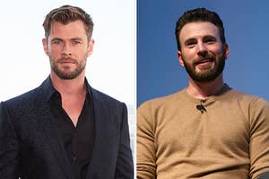 Chris Evans is on the left with Chris Hemsworth on the right
