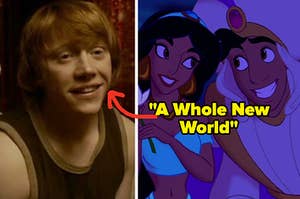 A close up of Ron Weasley as he smiles and Princess Jasmine sits on Aladdin as they go on a magic carpet ride