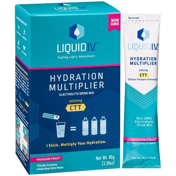 A pack of Liquid I.V. drink mix next to the box