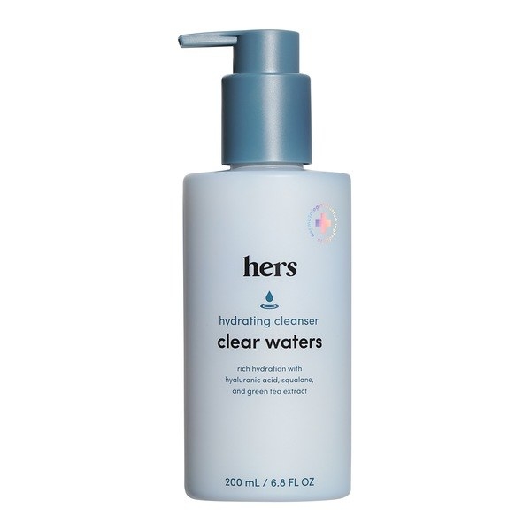 A bottle of the hers Clear Waters cleanser