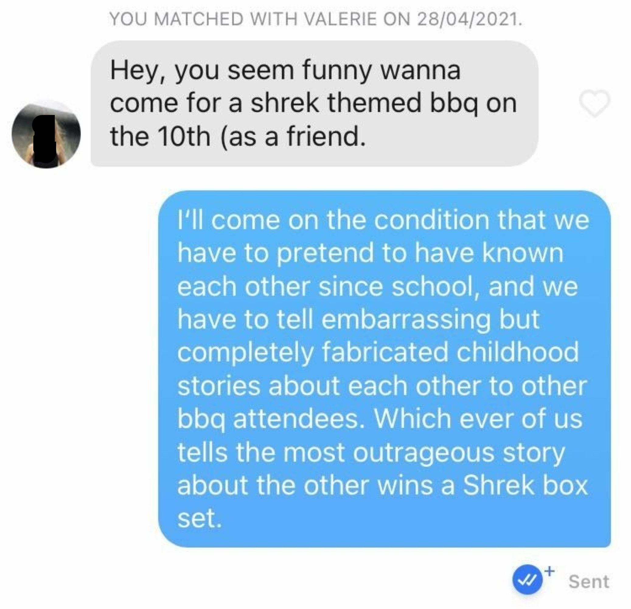 Person inviting someone else to a Shrek-themed bbq