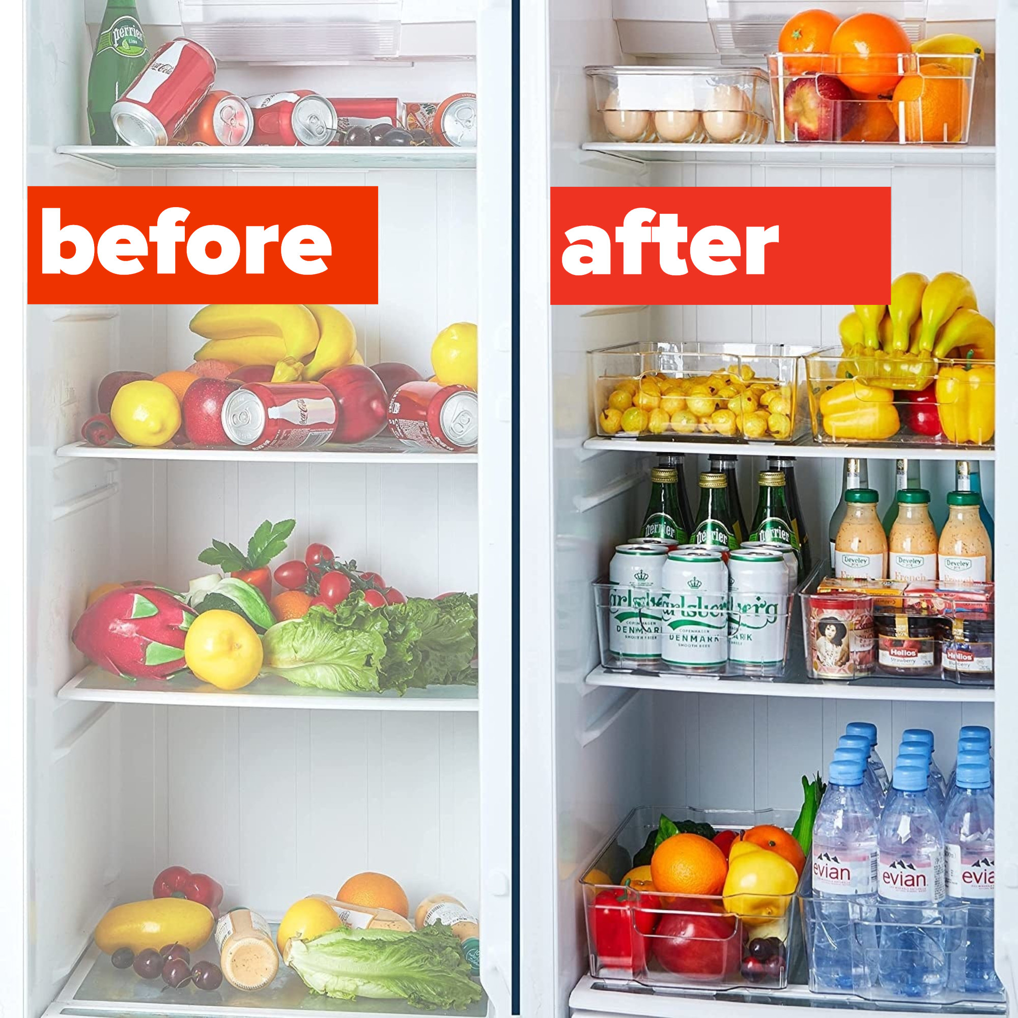 A before and after of a fridge organized with the bins