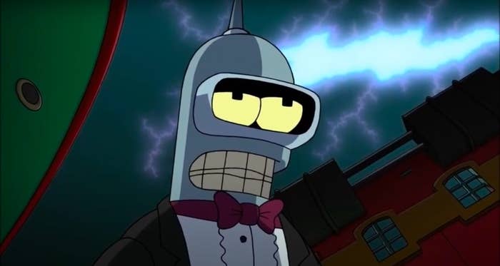 Bender wearing a tuxedo beneath a space-time rift in &quot;Futurama: Bender&#x27;s Big Score&quot;
