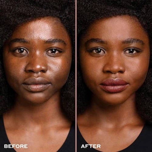 before and after photo of a model wearing the foundation