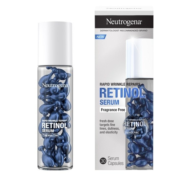 A bottle of Neutrogena Retinol Serum next to the packaging