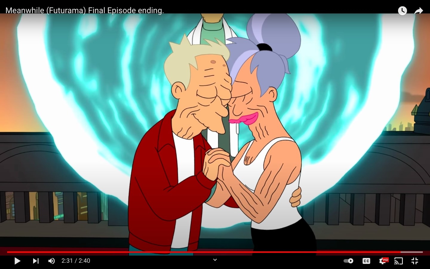 An elderly Fry and Leela holding each other with the Professor behind them in a quantum tunnel in "Futurama"