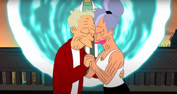 An elderly Fry and Leela holding each other with the Professor behind them in a quantum tunnel in &quot;Futurama&quot;