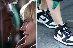 Sam and Austin of "A Cinderella Story" are on the left with a pair of Nike sneakers on the right
