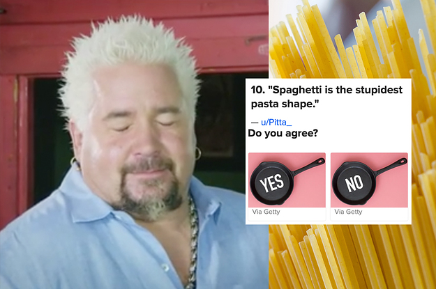 Guy Fieri looking upset next to an opinion that says Spaghetti is the worst pasta shape