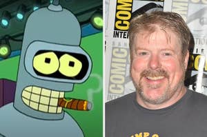 Bender with a cigar in his mouth in "Futurama"/John DiMaggio at San Diego Comic-Con in 2018