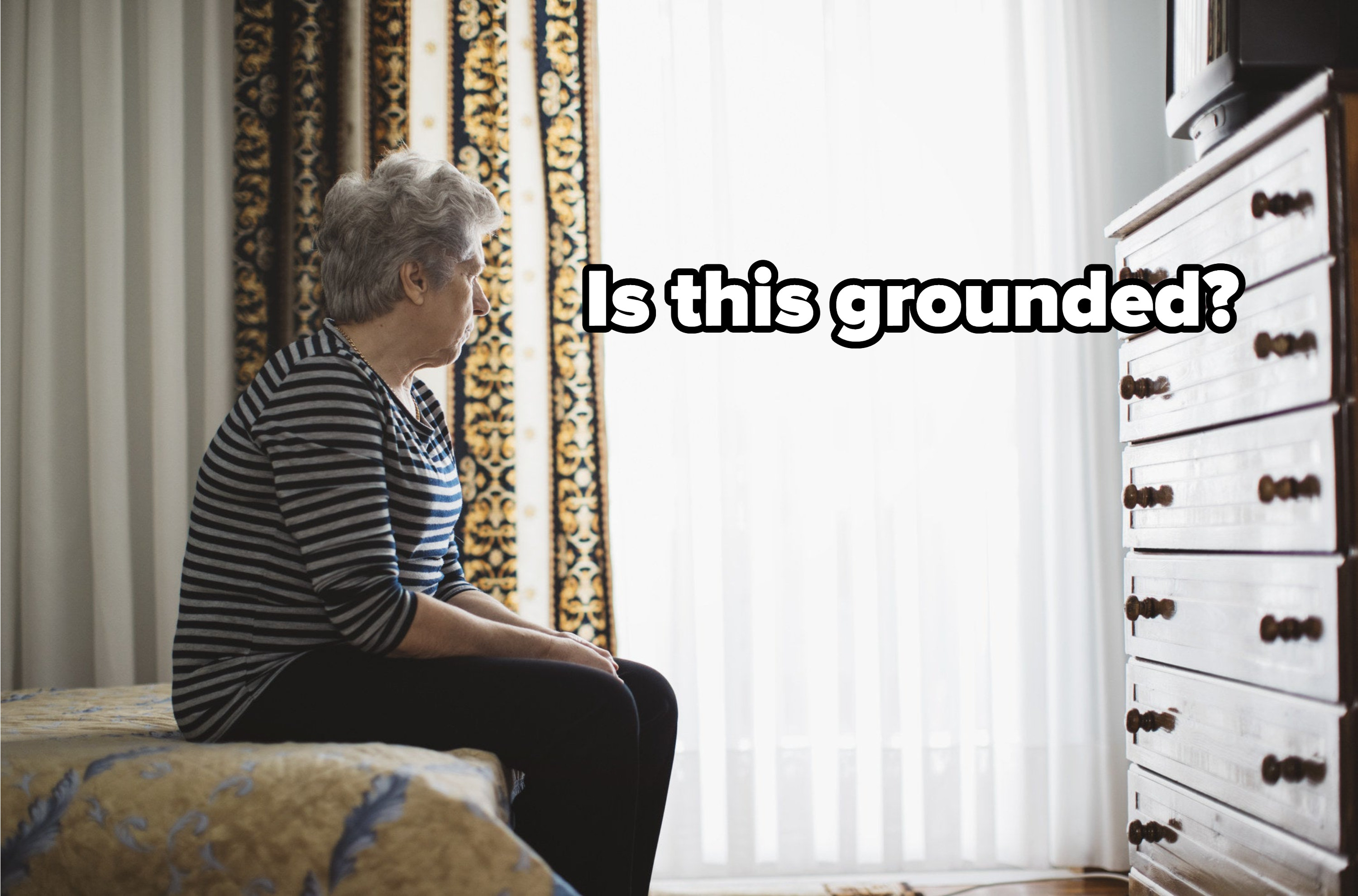 an old woman alone in a room contemplating grounded