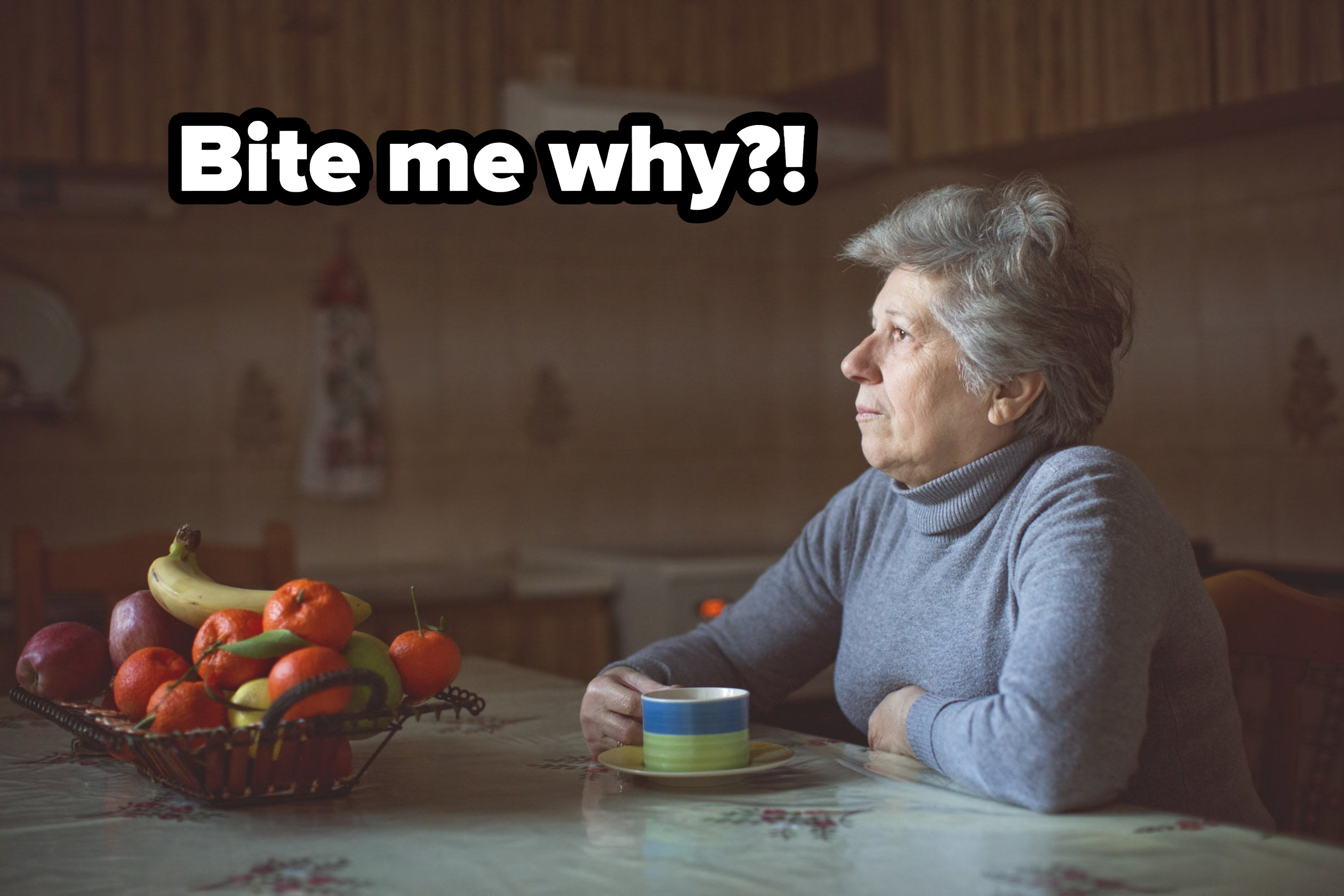 an old woman thinking about the word bite me