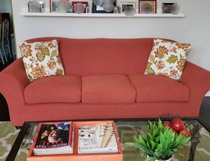 A reviewer&#x27;s image of a sofa slipcover