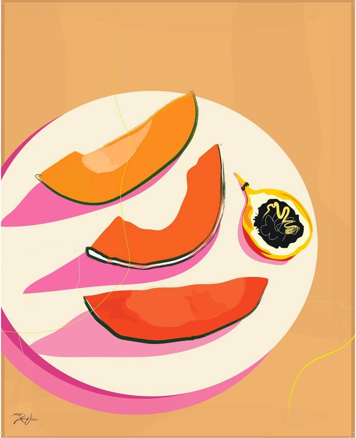 An illustration of slices of melon on a plate