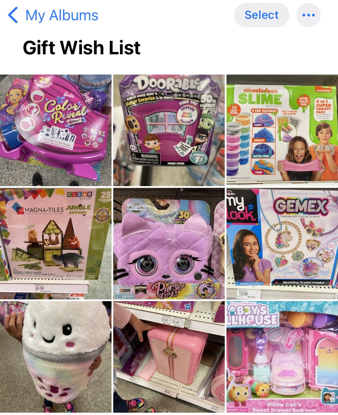 An album with photos of toys taken at Target