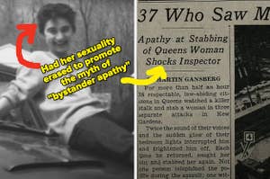 Left: A photo of Kitty Genovese sitting on a car Right: A New York Times Article Subtitled "Apathy at Stabbing of Queens Woman Shocks Inspector"