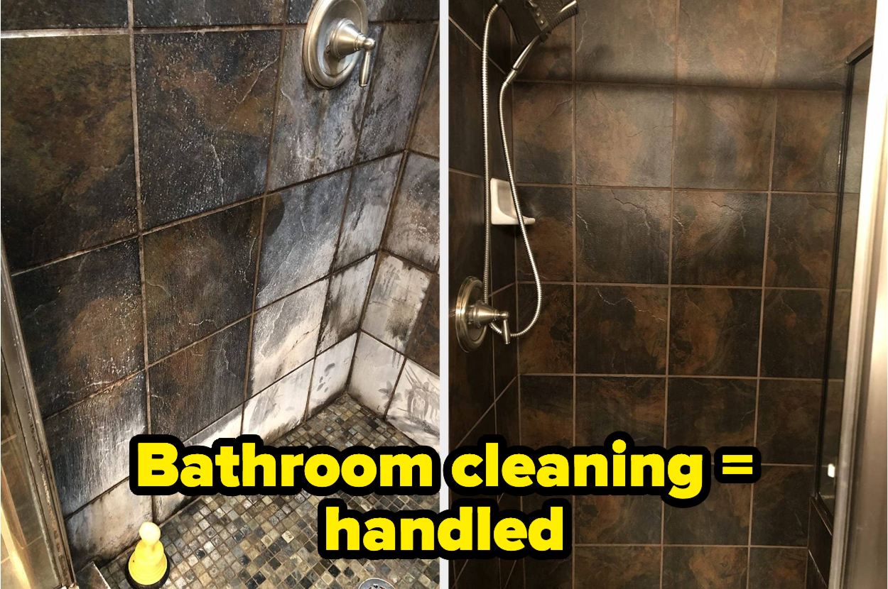 dirty then clean shower with text "bathroom cleaning = handled"